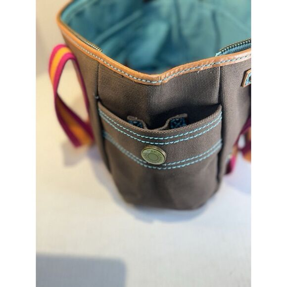 GAP 1969 Heavy Duty Brown Canvas Handbag Leather Trim Orange and Pink Stripes - Picture 10 of 16